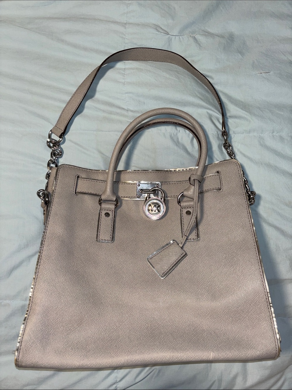 Michael Kors Taupe Saffiano Satchel with Silver Hardware